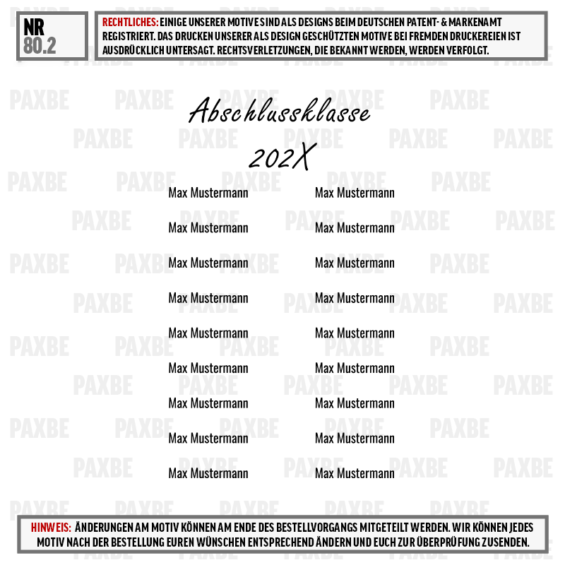 Abschlussklasse, 202X, Namensliste, Mustertext, Studentenliste, certificate, Abschlusszeugnis, Abschlussurkunde, Name Platzhalter, Max Mustermann