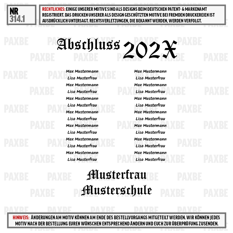 Abschluss, Musterfrau, Musterschaft, Muster, Schrift, Musterfrau, Musterklasse, Jahrgang 202X, Schriftzug, Gedrucktes Dokument