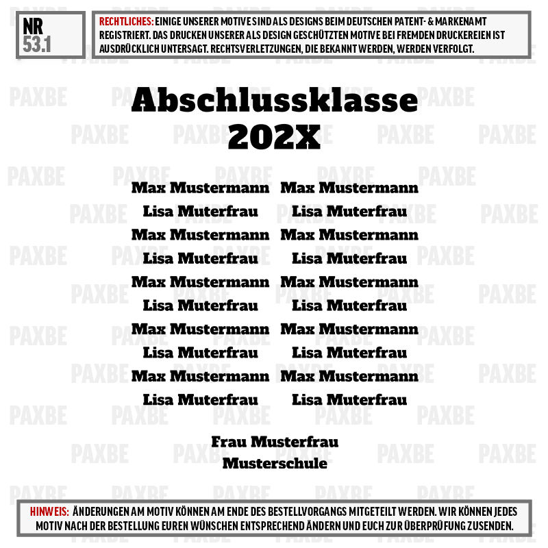 Schule, Abschlussklasse, Klassens photographic, Abschlussjahr, Etikettentext, Abschlussklasse, 202X, Mustername, Schule, Muttersprachliche Liste