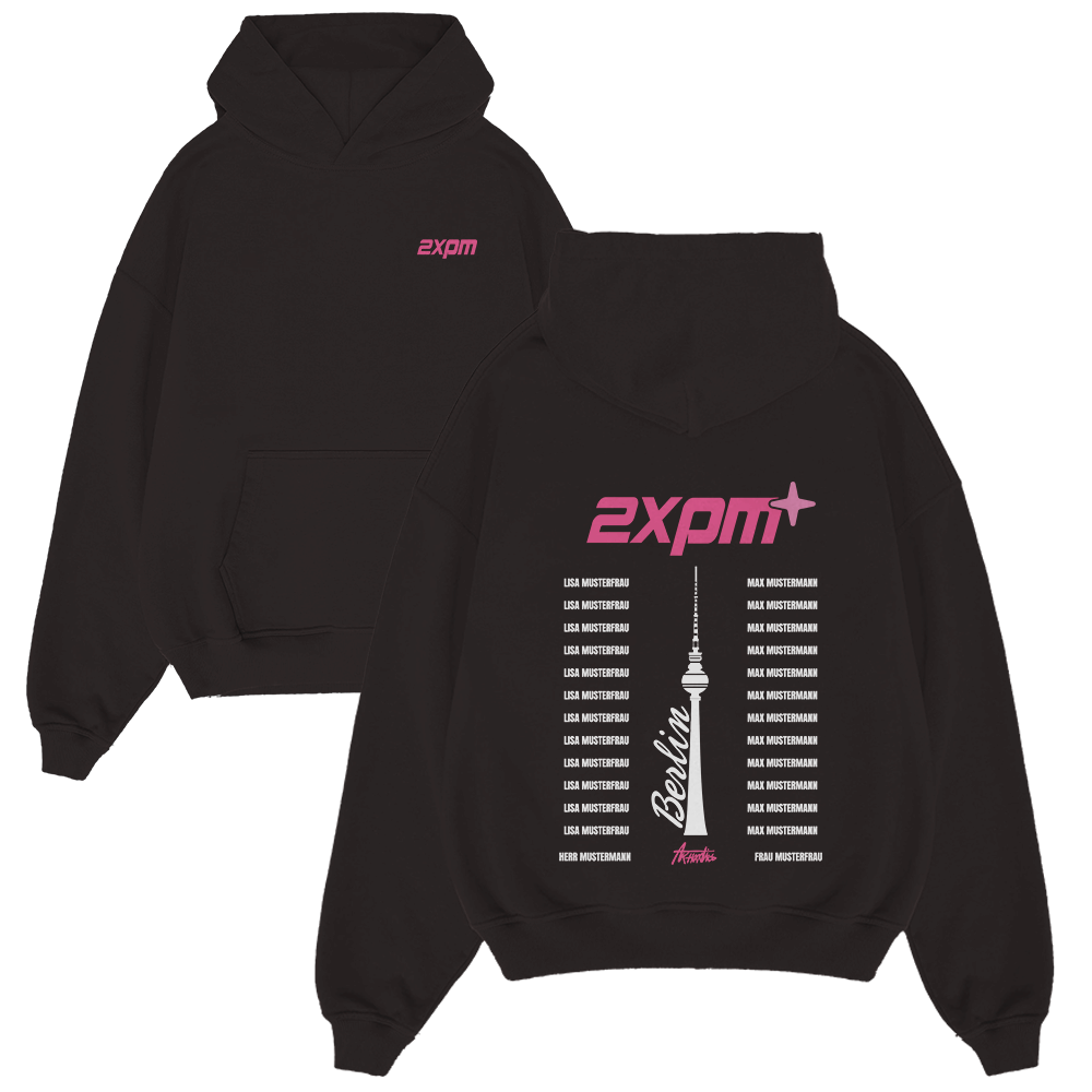 Hoodie, Schwarz, Kapuze, Print, 2xpm, hoodie, schwarz, pinkes logo, Fronttasche, Rückendruck