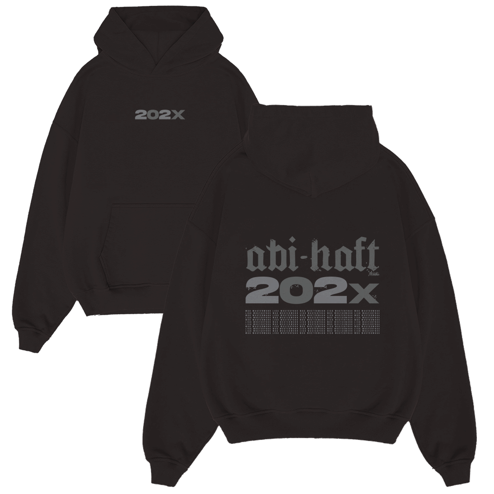 Hoodie, Schwarz, Vorne Pocket, 202X, Grafischer Text,  Hoodie, Schwarzer Hoodie, 202X, Vordertasche, Rückseite Druck