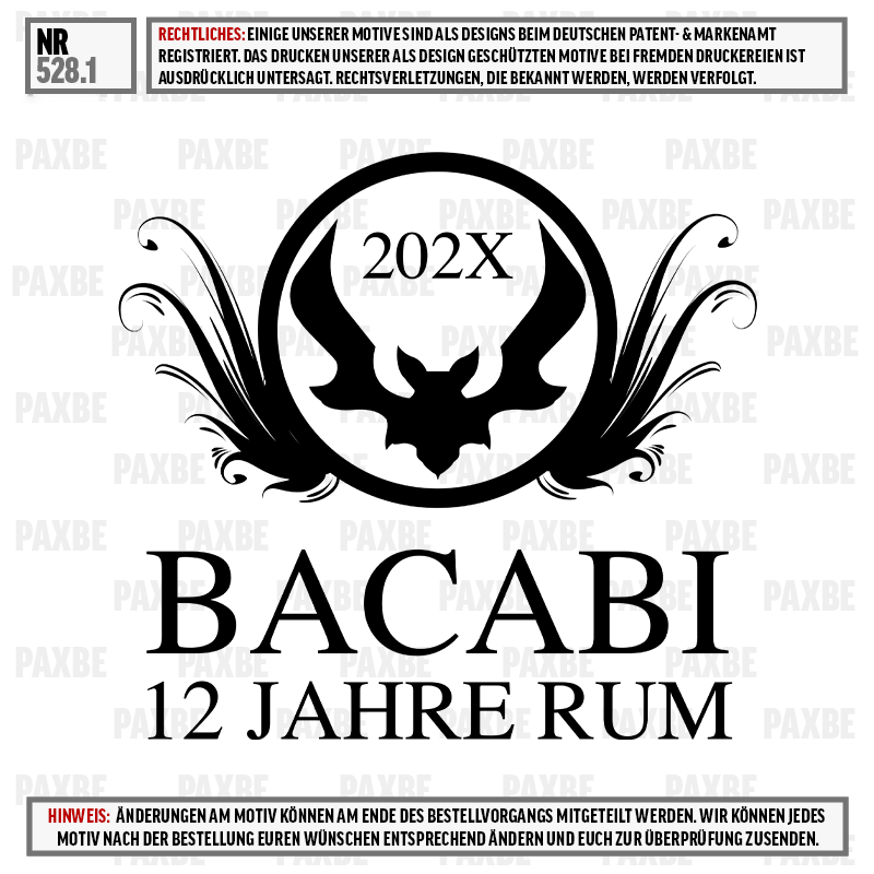rumflasche, flaschenetikett, fledermaus-emblem, 12 jahre, ron motif, Rum, Flasche, Bacabi, 12 Jahre, Etikett
