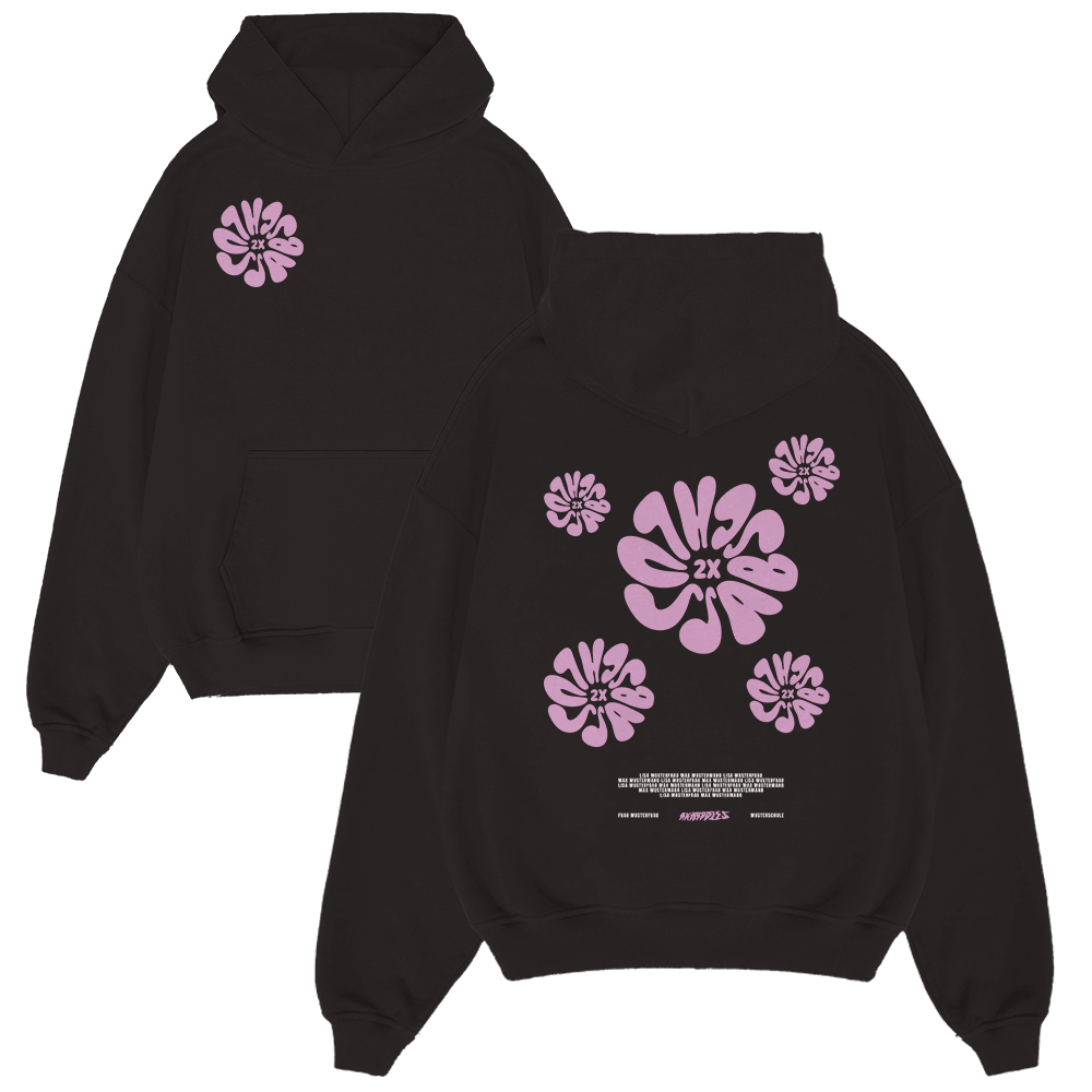  Hoodie,  schwarzer Hoodie,  pinke Blumendruck,  Fronttasche,  oversized Passform,  Hoodie, Schwarz, pinkes Blütenmuster, Vordertasche, Rückseitiges Grafikdesign