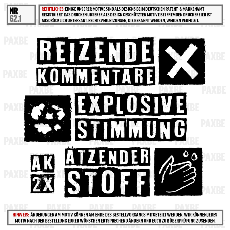 Kampagnenbild, Explosive Stimmung, Stoff, Hand, AK 2x, texturé Poster,  collage,  typographie en gras,  noir et blanc,  style pochoir