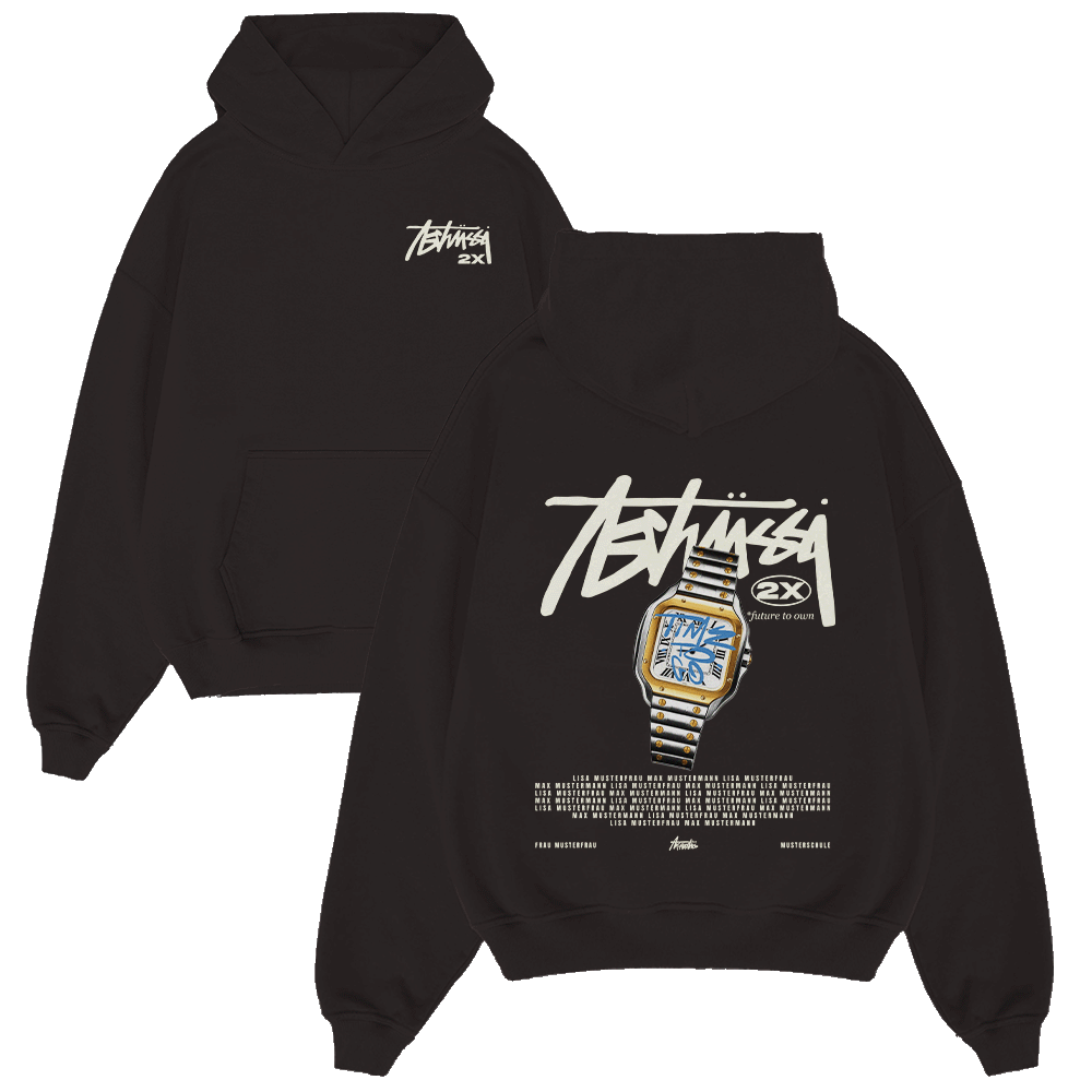 Hoodie, Schwarz, Grafik, Uhrenmotiv, Vorderdruck