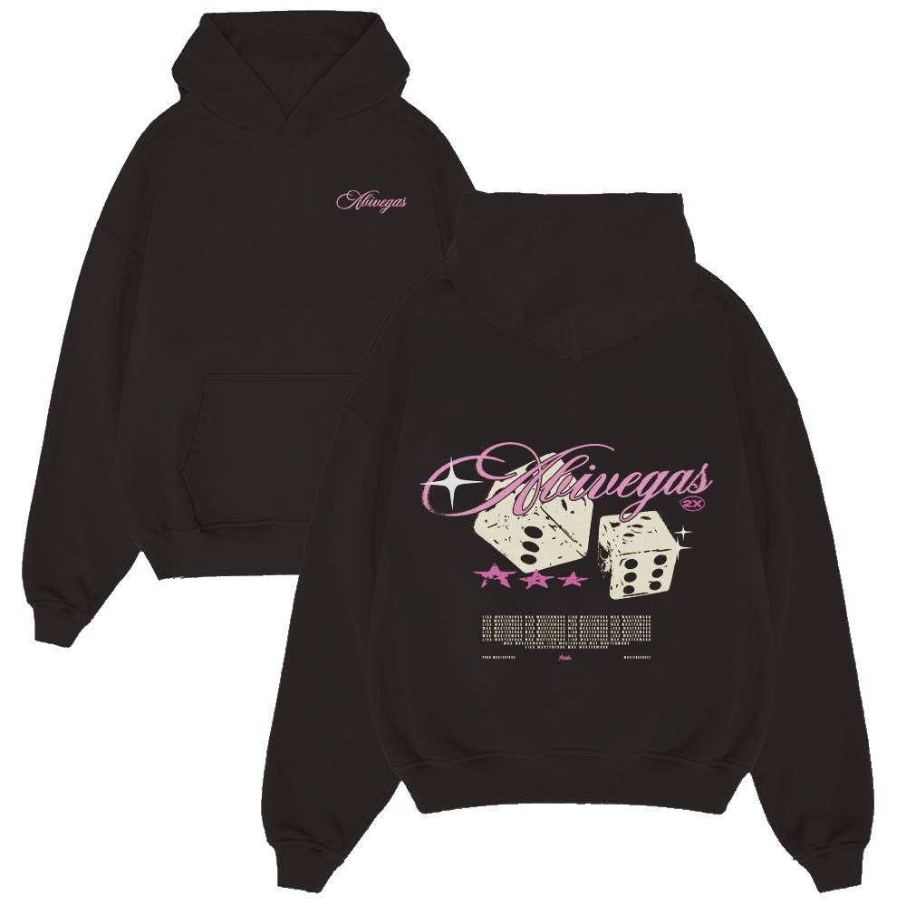 Hoodie, Schwarzer Hoodie, Würfel-Print, Roter/pinke Schrift, Vorne Tasche, hoodie, black, dice, stars, pink text