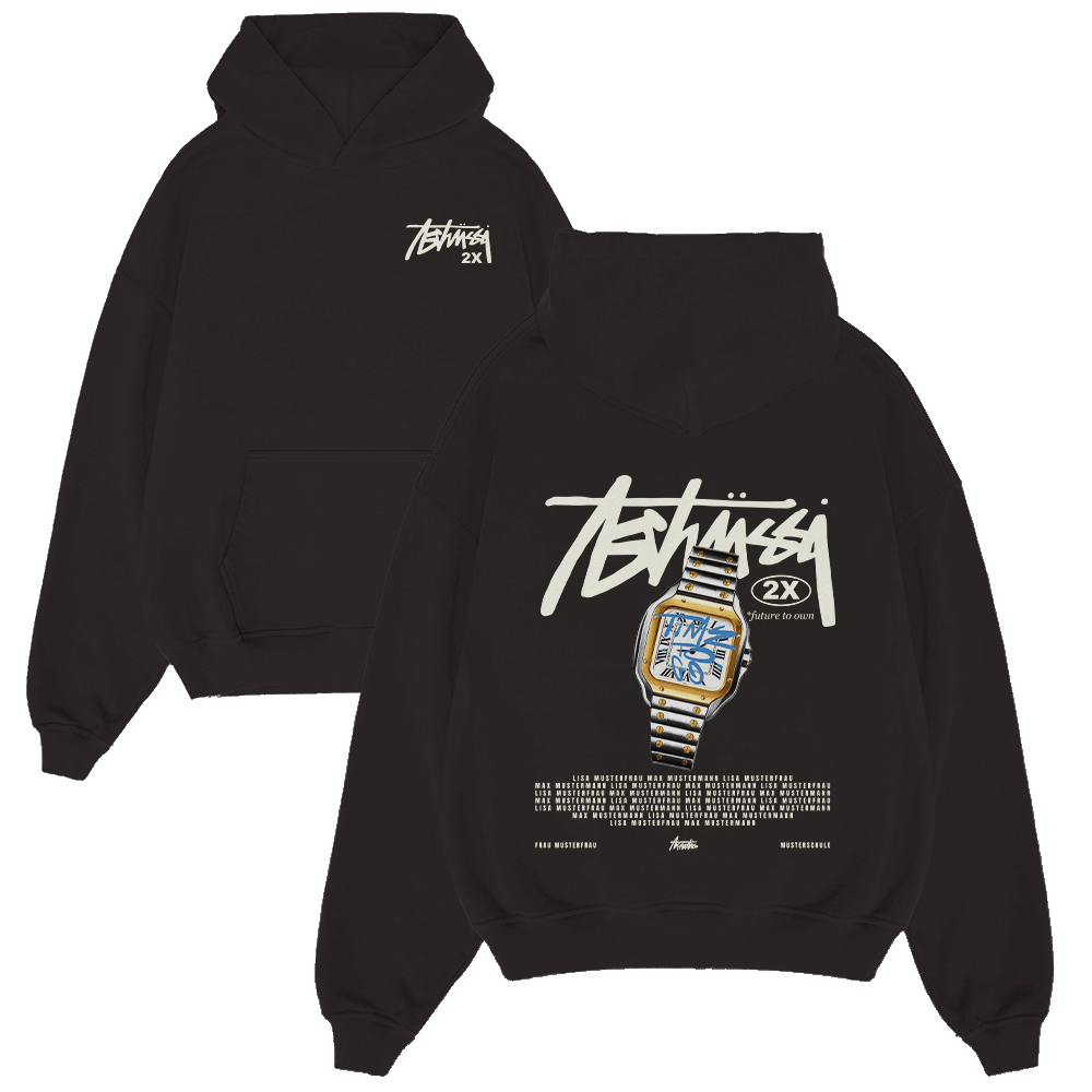 Hoodie, Schwarz, Kapuze, Brand-Logo, Uhr-Print