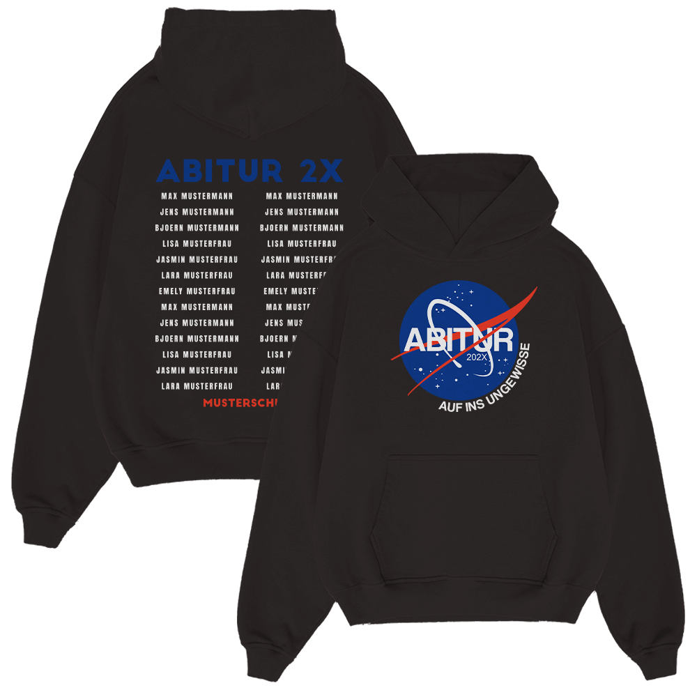 Hoodie, Schwarzer Hoodie, Grafik-Hoodie, Weltraum-Logo, ABITUR 2X, Hoodie, Schwarzer Hoodie, Weltraum-Logo, Astronauten-Motiv, Vorne Tasche