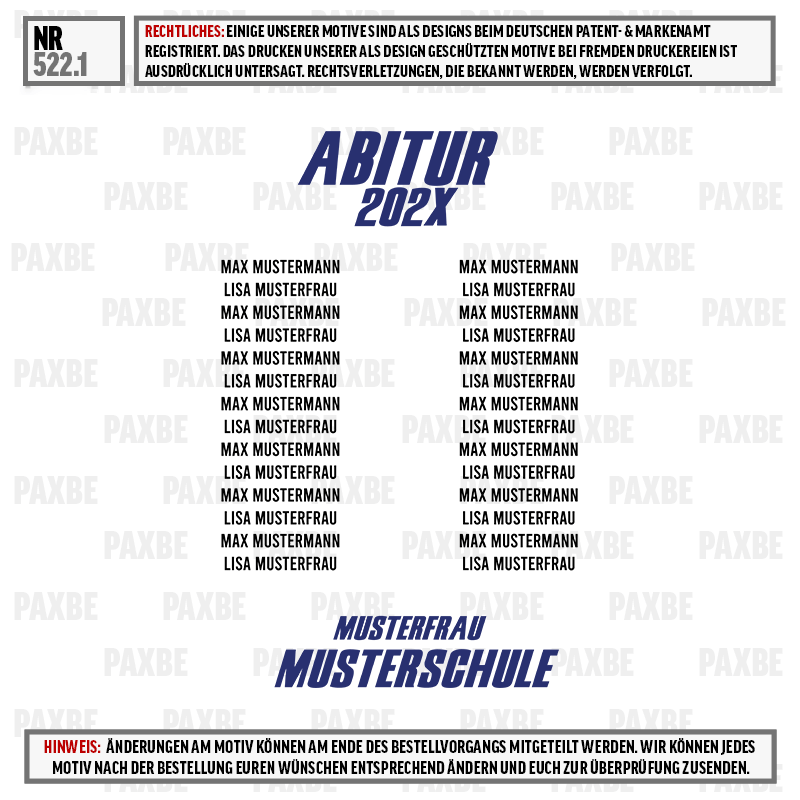 Abitur 202x, Musterfrau, Musterschaft, Schulthema, Namensliste, schule, musterschule, abitur, text, urkunde