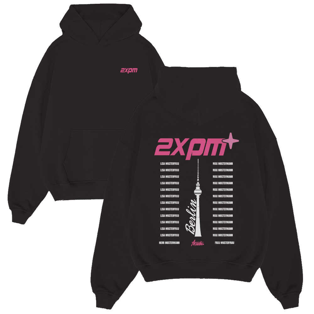 Hoodie, Schwarzer Hoodie, Vordertasche, Grafikdruck, Pinker Text, Hoodie, Schwarz, Rosa Schrift, Grafik Rückseite, Kangarookängelue Fronttasche