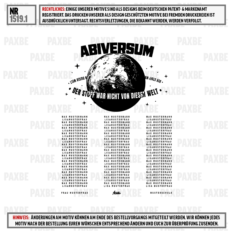 Abiturmotiv, Schwarz-Weiß-Druck, Globusmotiv, Namensliste, Typografisches Design, Erde, Schwarz-Weiß, Weltall-Motiv, Typografiedruck, Namensdruck
