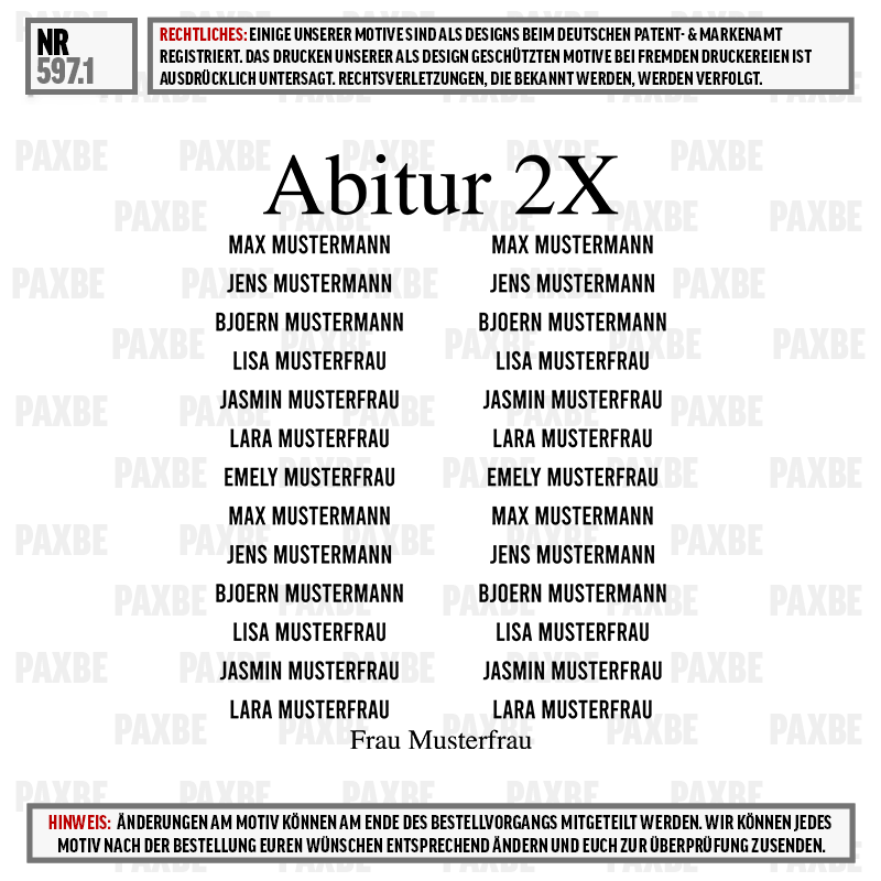 Abitur 2X, Musterfrau, Musterfrau, Frau Musterfrau, Name Liste, Abitur, 2X, Musterfrau, Kleidung, Frau