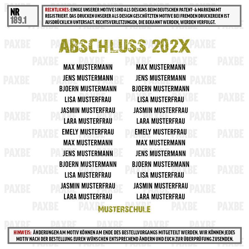 Abschluss 202X, Mustername, Musterfrau, Schule, Abschlussfeier, absolvent, jahrgangsmotiv, taufenschule, musterfrau, namenliste