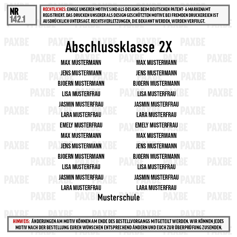 Musterkarte, Abschlussklasse, Musterfirma, PAXBE, Schule, Musterklasse, Schulklasse, Abschlussklasse, Mustername, Musterwort
