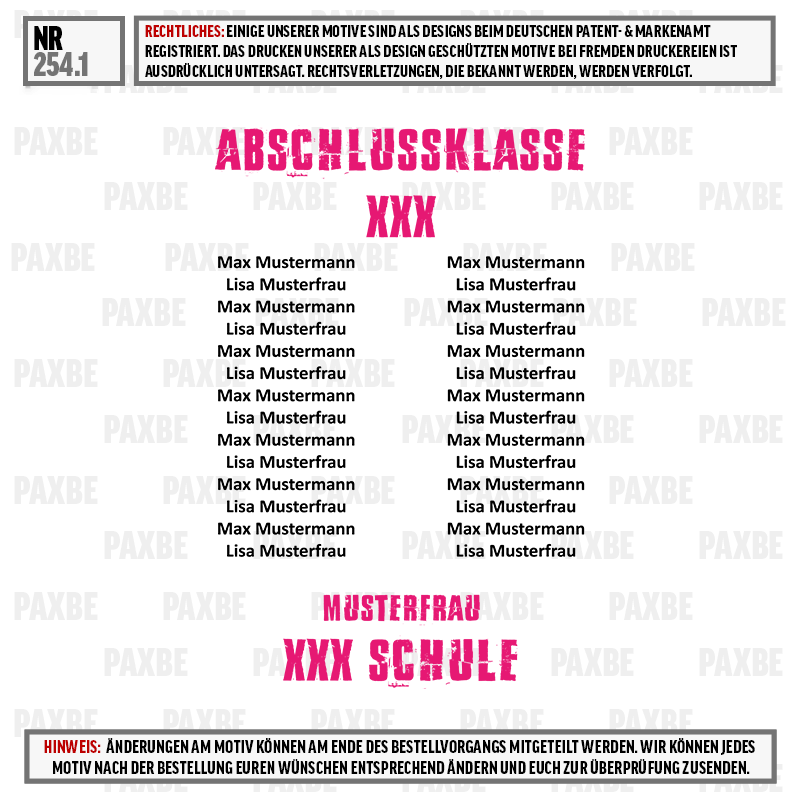 Zertifikat, Abschlussklasse, XXX Schule, Musterfrau, Namenliste, Schule, Klasse, Musterfrau, Schriftzug, Motivtext, Schule, Titel, Label
