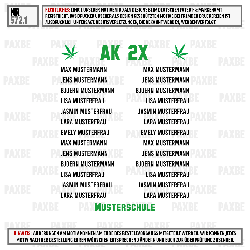 AK 2X, MUSTERSCHULE, Musterfrau, Mustermann, PAXBE, t-shirt, muster, grün, musterschule, logo