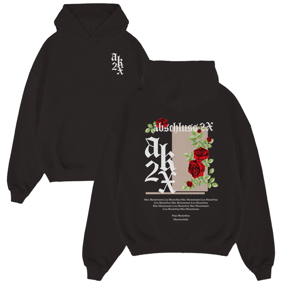 hoodie, schwarz, rosendesign, grafikruecken, fronttasche, Hoodie, Schwarz, Grafik, Rosen, Rückseite