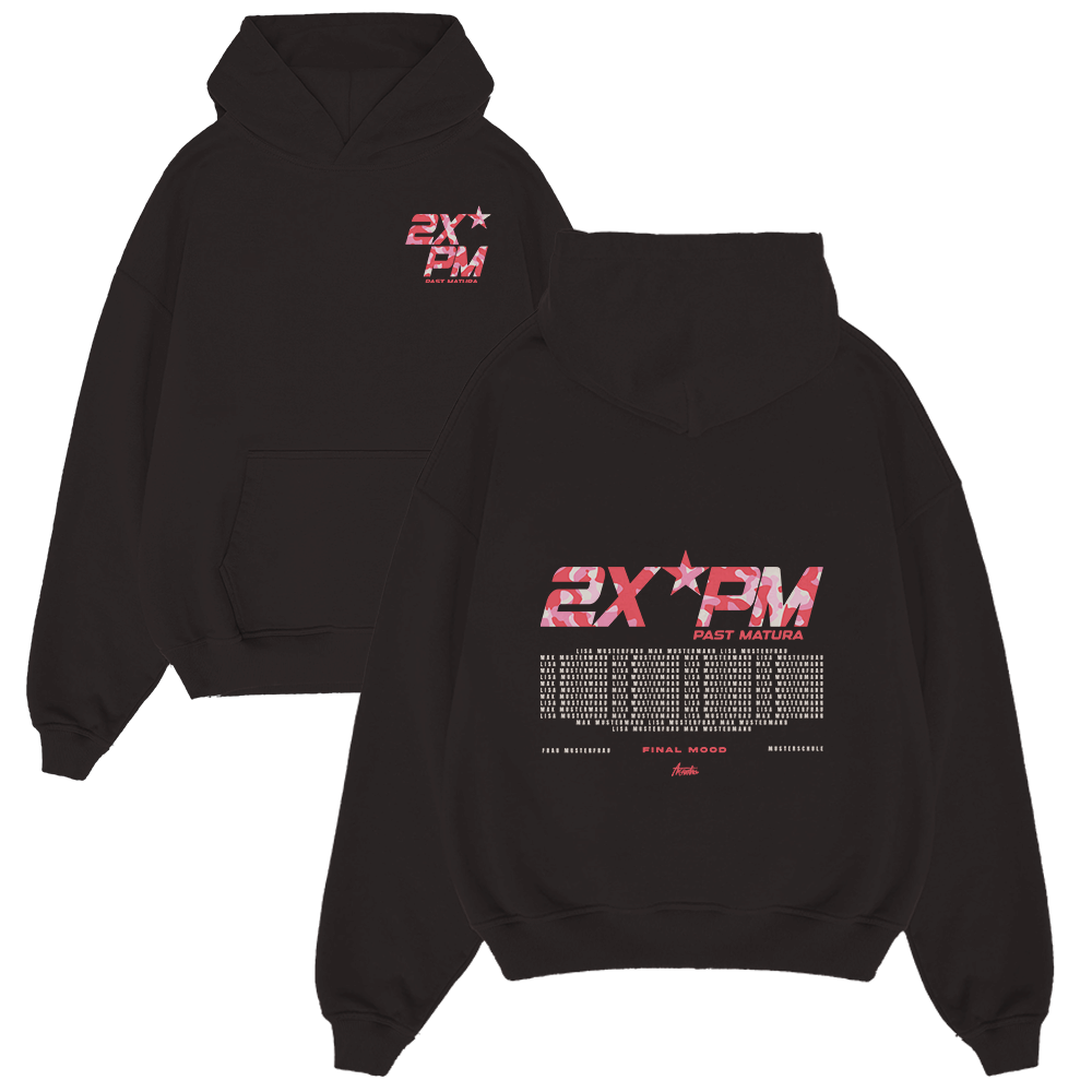 Hoodie, Schwarz, Vordertasche, grafischer Druck, 2XPM Markentext, hoodie, schwarz, logo, pinkes grafik, vordere tasche
