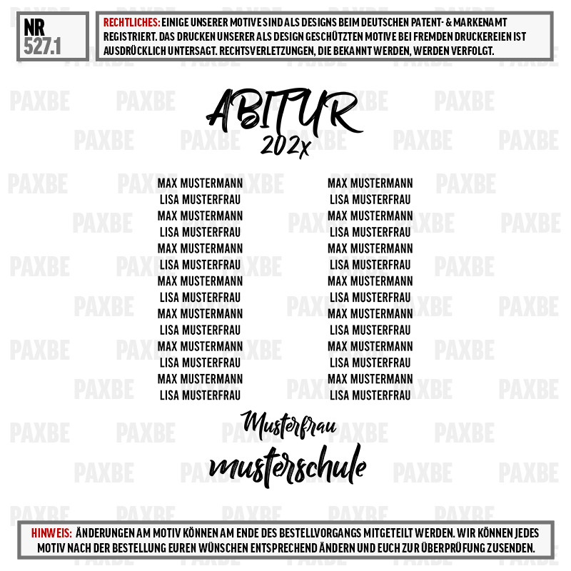 Abitur 202x, Musterfrau, Musterschaft, Schriftzug, Logo, T-Shirt, Abitur-Design, Abitur 202x, Musterfrau, Musterfirma