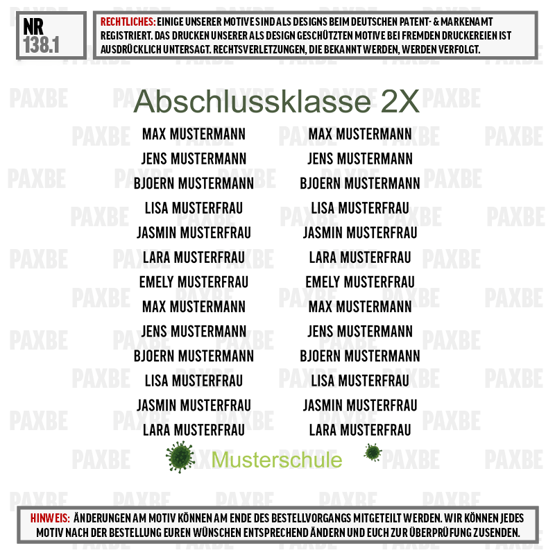 Endklasse, Mustername, Musterkollektion, Name der Schulkette, Musterfrau, Finisher, Abschlussklasse 2X, Musterliste, Musterfirma, Musterfolie
