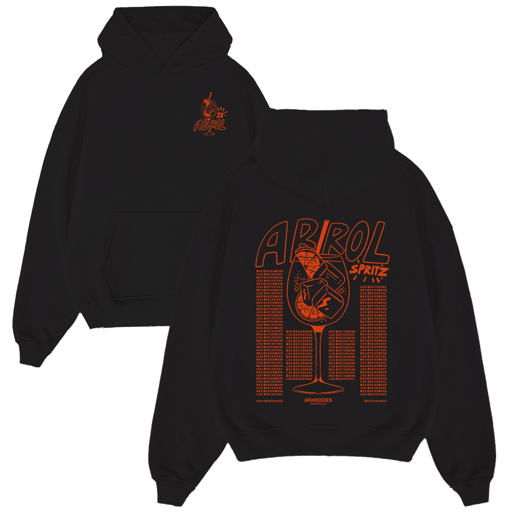 Hoodie, Schwarzer Hoodie, Grafik-Hoodie, Orangene Druck, Weinglas-Motiv, Hoodie, Schwarz, Grafik, Orange, Cocktailglas