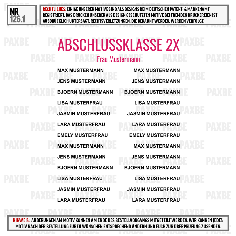 Abschlussklasse 2x, Namensliste, Mustername, Namensplakette, Gruppeneinteilung, Abschlussklasse 2X, Frau Mustermann, Max Mustermann, Jens Mustermann, Lisa Musterfrau