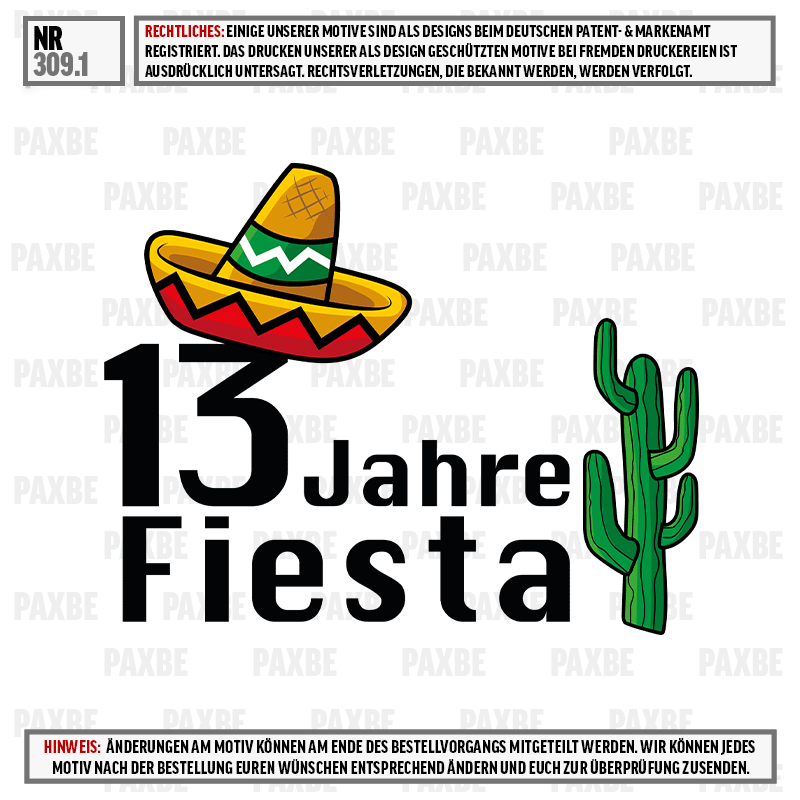 Sombrero, Fiesta, 13 Jahre, Kaktus, Schriftzug, Sombrero, Fiesta, 13 Jahre, Feier, Kaktus